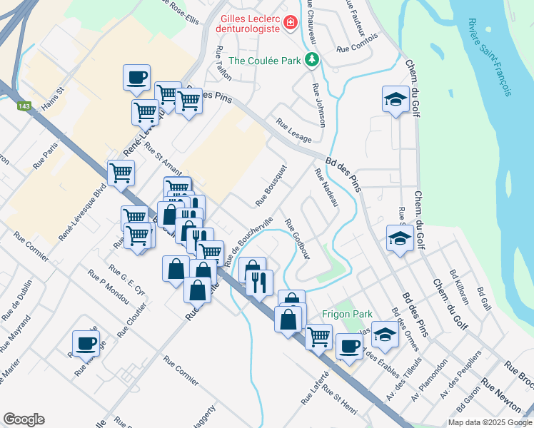 map of restaurants, bars, coffee shops, grocery stores, and more near 755 Rue de Boucherville in Drummondville