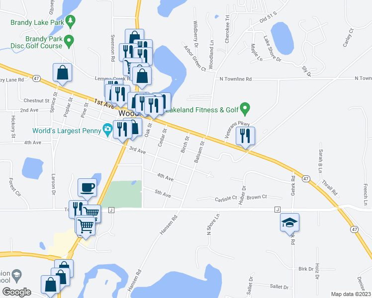map of restaurants, bars, coffee shops, grocery stores, and more near 1304 2nd Avenue in Minocqua