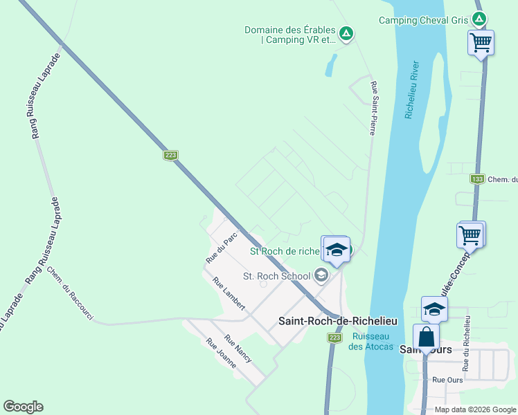 map of restaurants, bars, coffee shops, grocery stores, and more near Rue du Vieux-Clocher in Saint-Roch-de-Richelieu