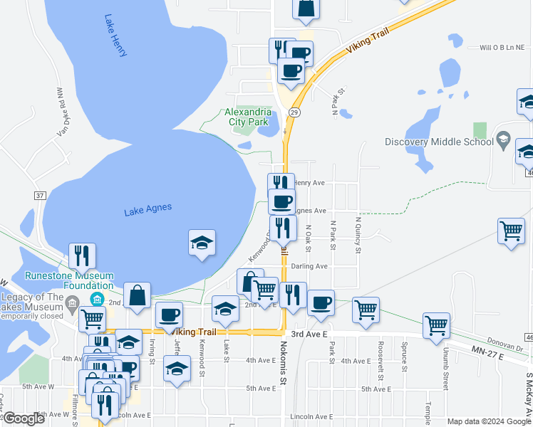 map of restaurants, bars, coffee shops, grocery stores, and more near 307 North Nokomis Street in Alexandria