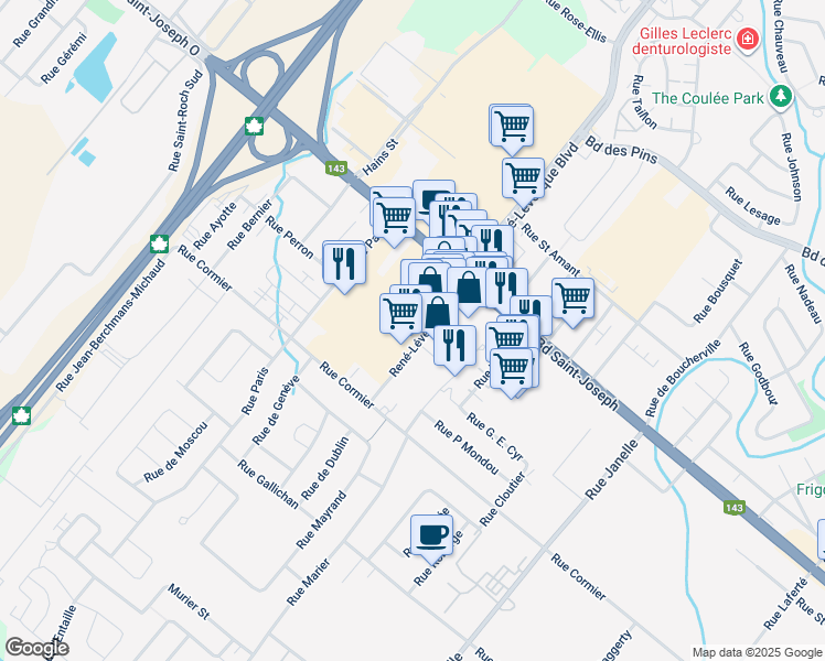 map of restaurants, bars, coffee shops, grocery stores, and more near 1085 Boulevard René-Lévesque in Drummondville