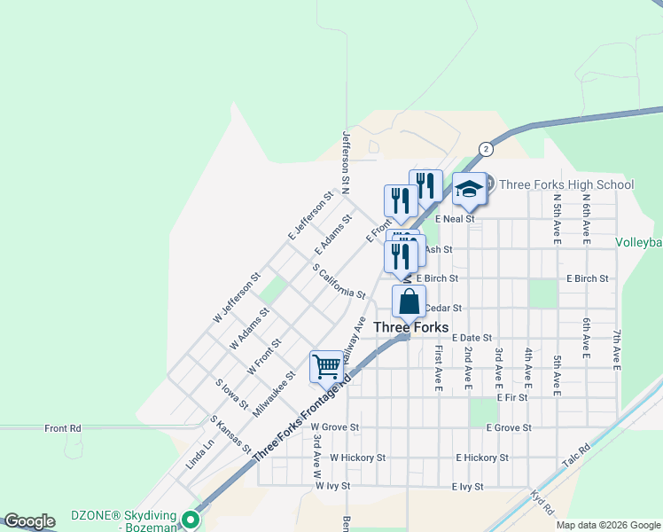 map of restaurants, bars, coffee shops, grocery stores, and more near 16 Frontage Road in Three Forks