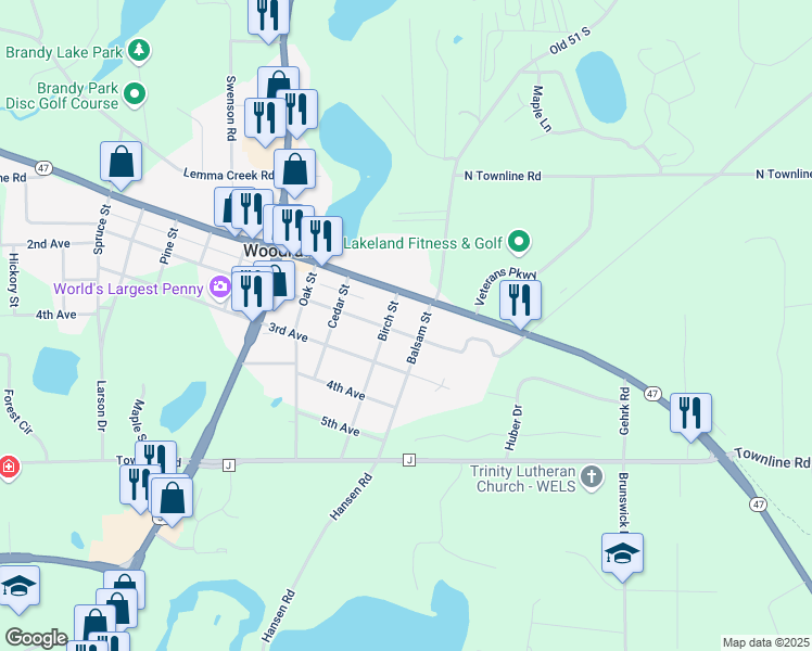map of restaurants, bars, coffee shops, grocery stores, and more near 1321 2nd Avenue in Woodruff
