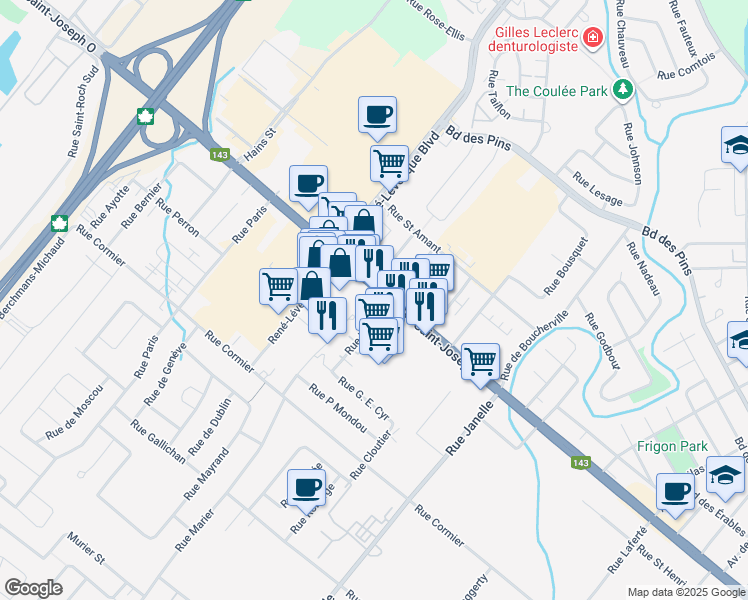 map of restaurants, bars, coffee shops, grocery stores, and more near 341 Rue William in Drummondville