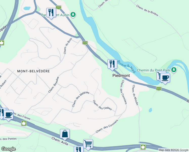 map of restaurants, bars, coffee shops, grocery stores, and more near 593 Chemin des Cédres in Piedmont