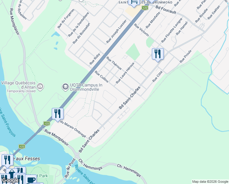 map of restaurants, bars, coffee shops, grocery stores, and more near 625 Rue Collins in Drummondville