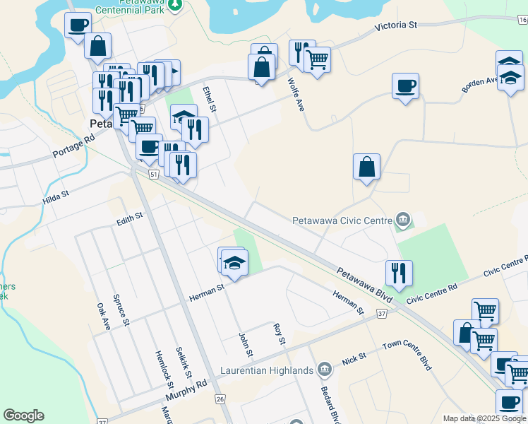 map of restaurants, bars, coffee shops, grocery stores, and more near 46 Wilbert Street in Petawawa