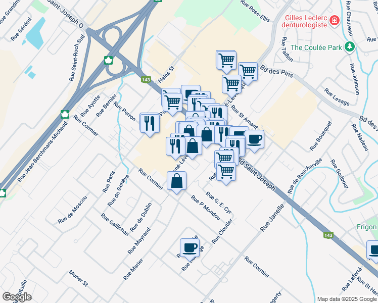 map of restaurants, bars, coffee shops, grocery stores, and more near 1085 Boulevard René-Lévesque in Drummondville