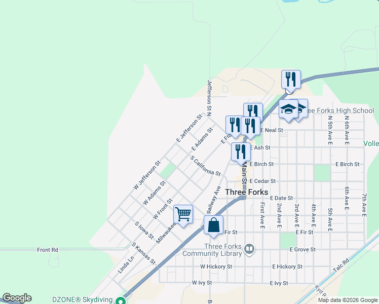 map of restaurants, bars, coffee shops, grocery stores, and more near 24 East Adams Street in Three Forks