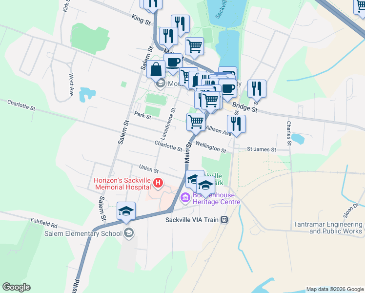 map of restaurants, bars, coffee shops, grocery stores, and more near 44 Main Street in Sackville