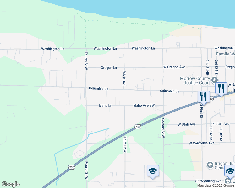 map of restaurants, bars, coffee shops, grocery stores, and more near 81423 Cedar Road in Irrigon