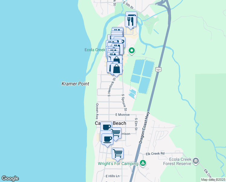 map of restaurants, bars, coffee shops, grocery stores, and more near 132 East Washington Street in Cannon Beach