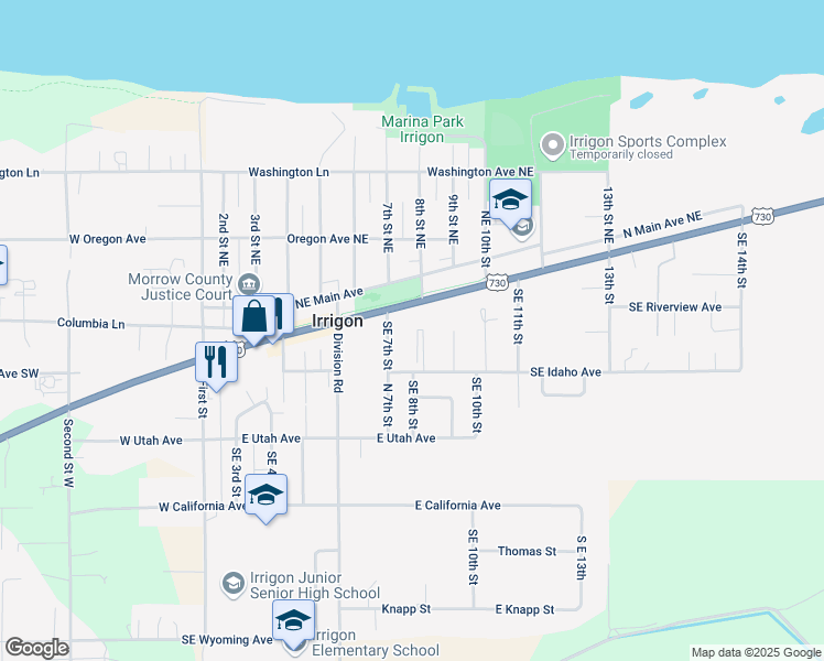 map of restaurants, bars, coffee shops, grocery stores, and more near in Irrigon