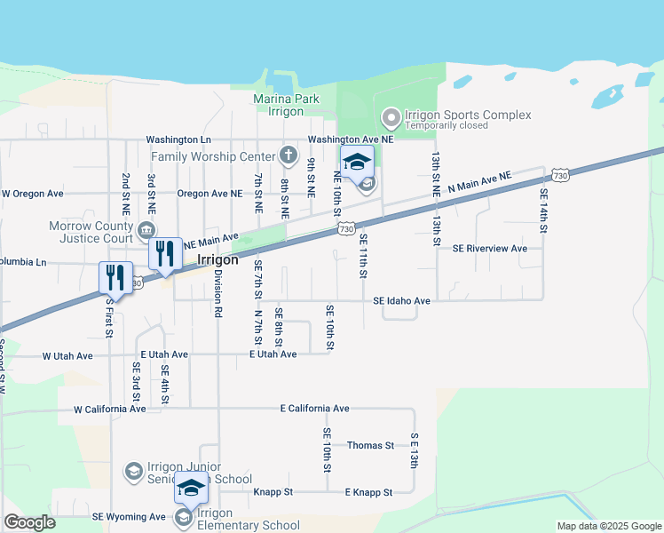 map of restaurants, bars, coffee shops, grocery stores, and more near 110 Southeast 10th Street in Irrigon