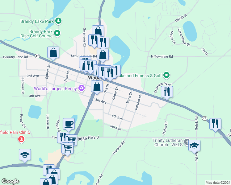 map of restaurants, bars, coffee shops, grocery stores, and more near 523 Cedar Street in Woodruff