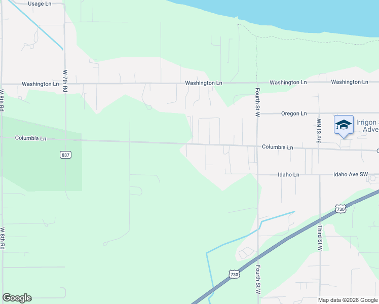 map of restaurants, bars, coffee shops, grocery stores, and more near 74890 Columbia Lane in Irrigon
