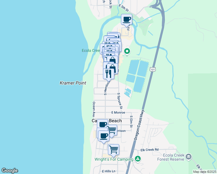 map of restaurants, bars, coffee shops, grocery stores, and more near 132 East Washington Street in Cannon Beach