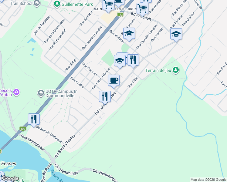 map of restaurants, bars, coffee shops, grocery stores, and more near 695 Boulevard Saint-Charles in Drummondville