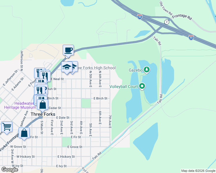 map of restaurants, bars, coffee shops, grocery stores, and more near 620 East Ash Street in Three Forks