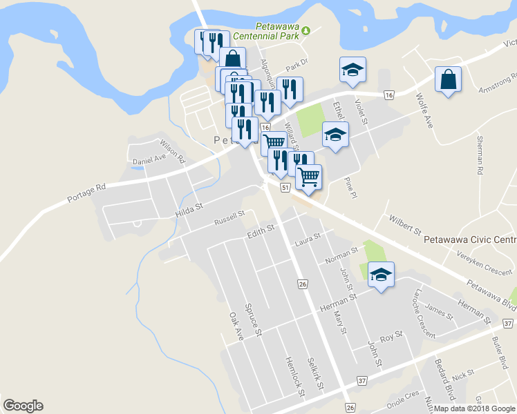 map of restaurants, bars, coffee shops, grocery stores, and more near 2 A Selkirk Street in Petawawa