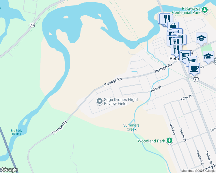map of restaurants, bars, coffee shops, grocery stores, and more near 8 Terrance Drive in Petawawa