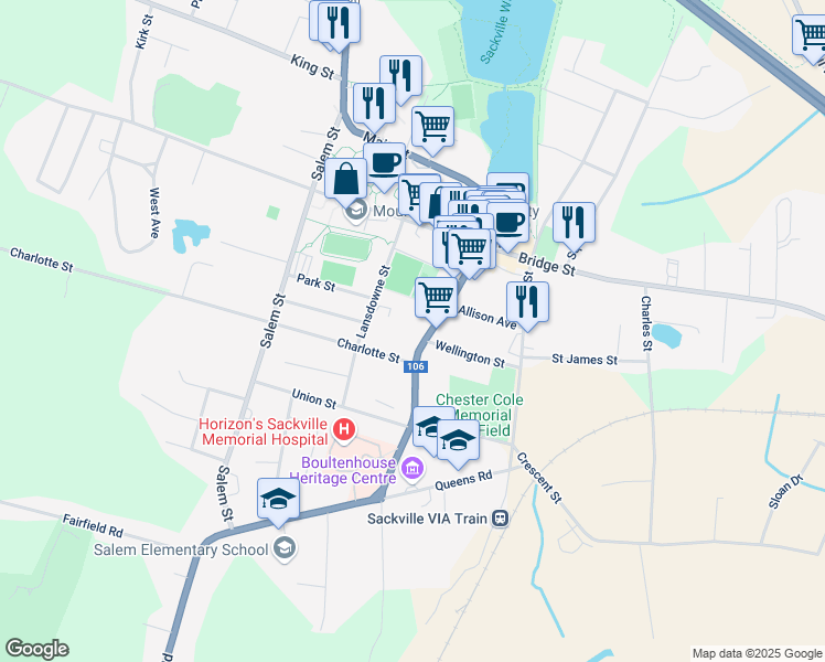 map of restaurants, bars, coffee shops, grocery stores, and more near 44 Main Street in Sackville