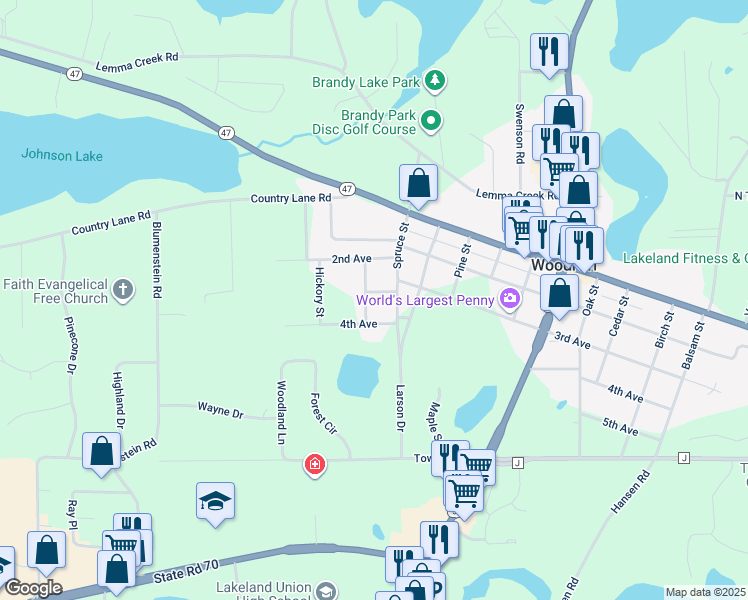 map of restaurants, bars, coffee shops, grocery stores, and more near 405 3rd Avenue in Woodruff