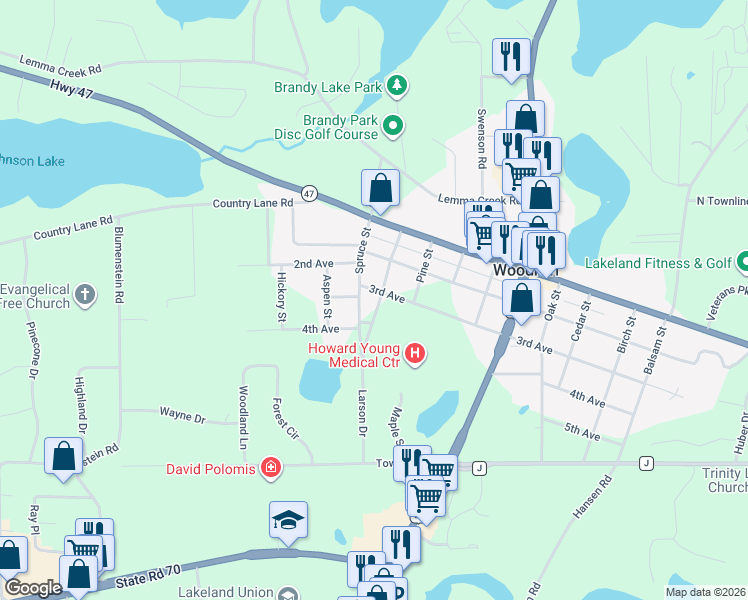 map of restaurants, bars, coffee shops, grocery stores, and more near 321 Poplar Street in Woodruff