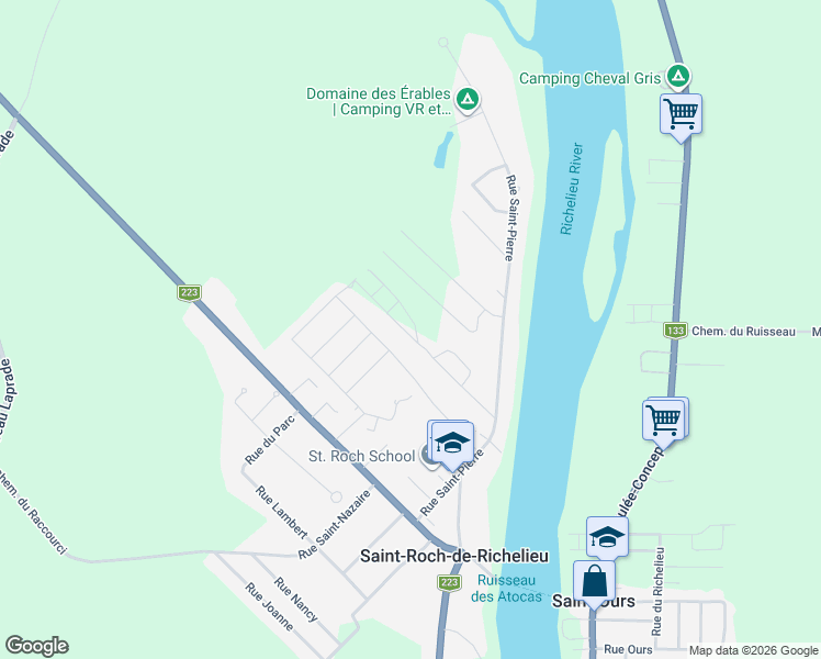 map of restaurants, bars, coffee shops, grocery stores, and more near Rue Richelieu in Saint-Roch-de-Richelieu