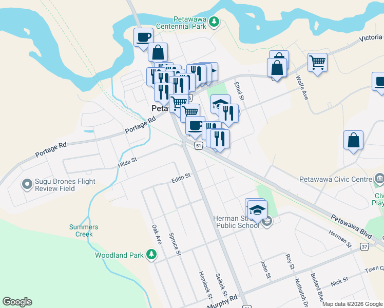 map of restaurants, bars, coffee shops, grocery stores, and more near 4 Doran Street in Petawawa