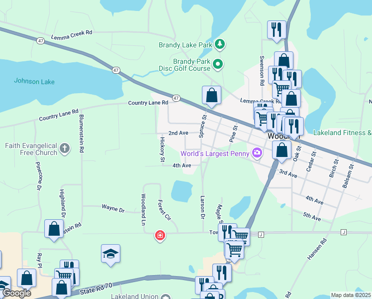 map of restaurants, bars, coffee shops, grocery stores, and more near 405 3rd Avenue in Woodruff