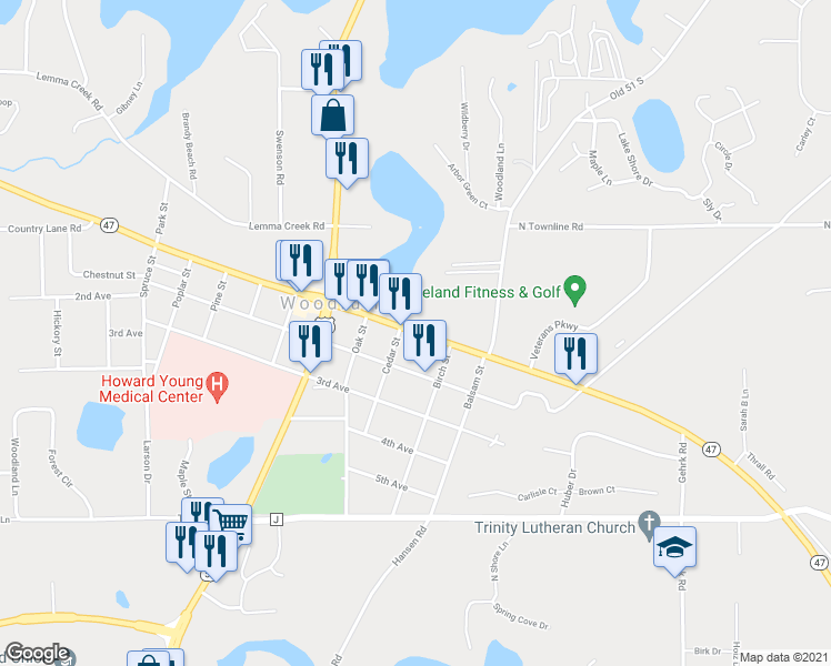 map of restaurants, bars, coffee shops, grocery stores, and more near 1227 1st Avenue in Woodruff