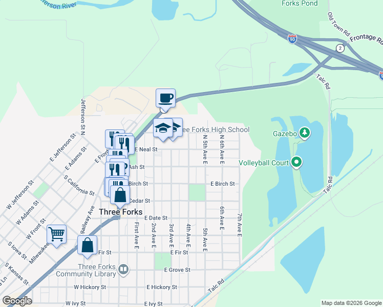 map of restaurants, bars, coffee shops, grocery stores, and more near 21 North 4th Avenue East in Three Forks