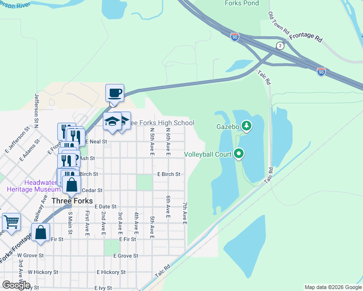 map of restaurants, bars, coffee shops, grocery stores, and more near 620 East Ash Street in Three Forks