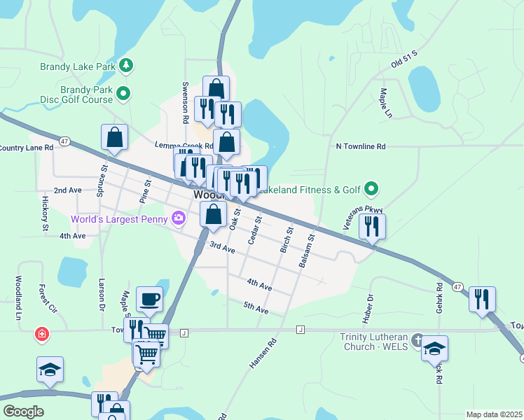 map of restaurants, bars, coffee shops, grocery stores, and more near 523 Cedar Street in Woodruff
