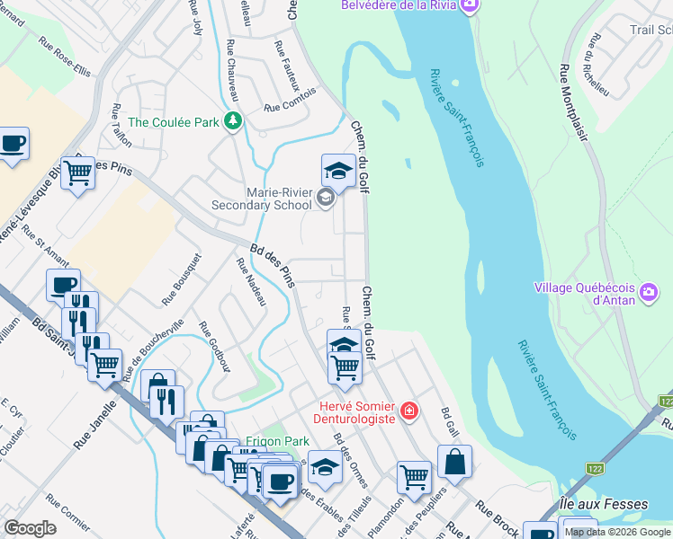 map of restaurants, bars, coffee shops, grocery stores, and more near 227 Rue Saint Félix in Drummondville