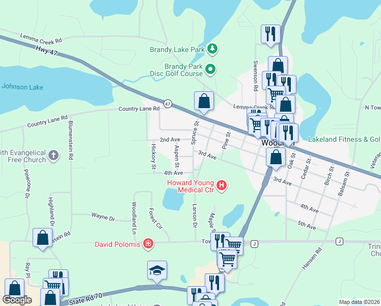 map of restaurants, bars, coffee shops, grocery stores, and more near 321 Poplar Street in Woodruff