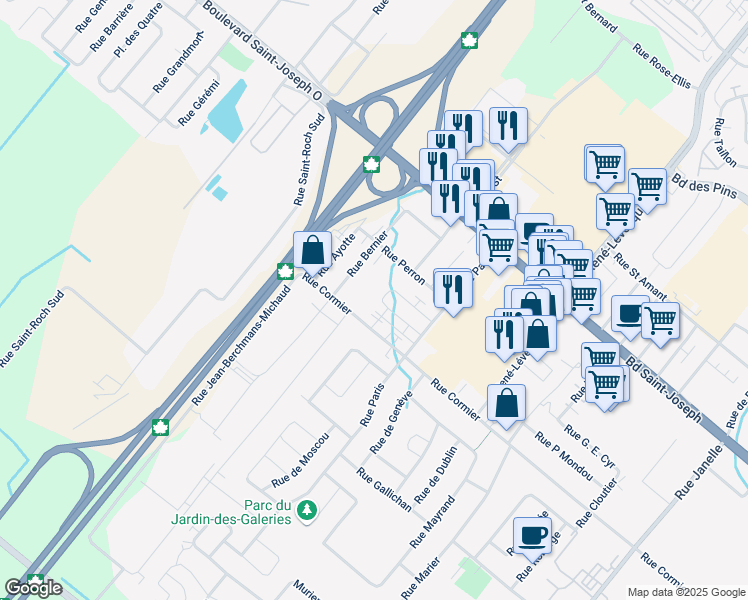 map of restaurants, bars, coffee shops, grocery stores, and more near 125 Rue Paradis in Drummondville