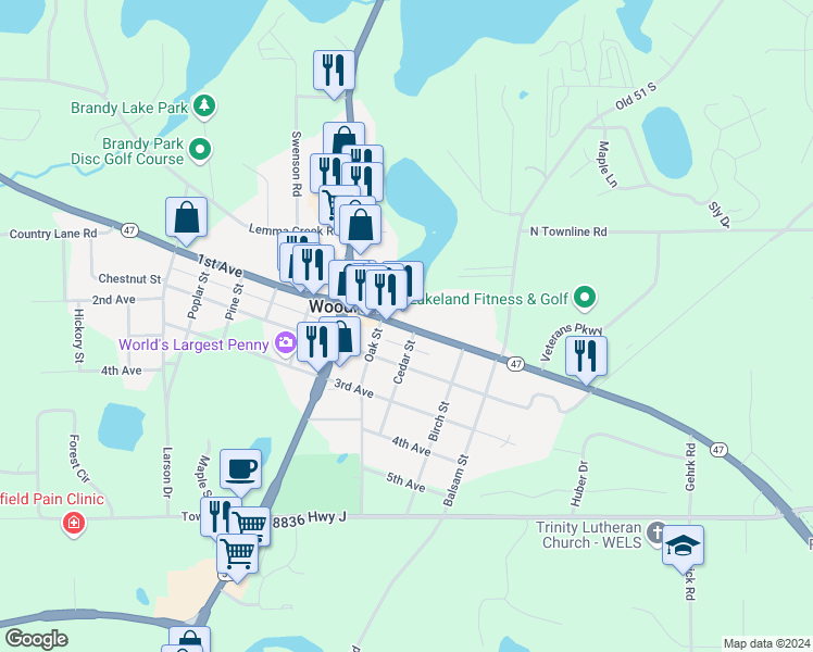 map of restaurants, bars, coffee shops, grocery stores, and more near 523 Cedar Street in Woodruff