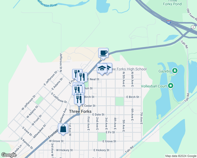 map of restaurants, bars, coffee shops, grocery stores, and more near 212 East Neal Street in Three Forks