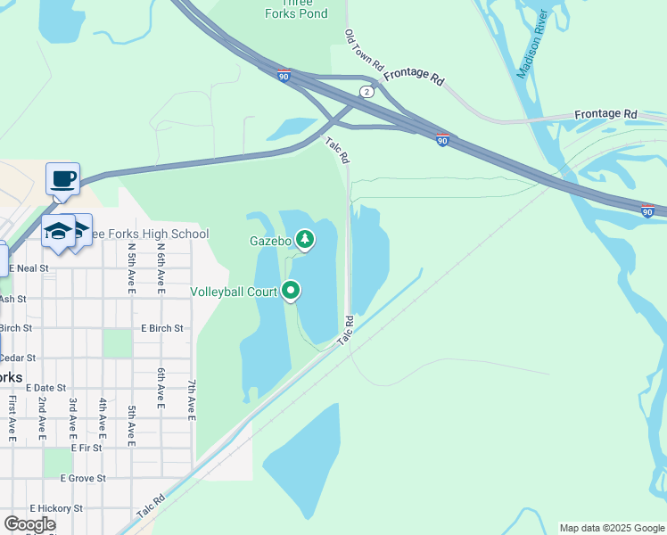 map of restaurants, bars, coffee shops, grocery stores, and more near Talc Road in Three Forks