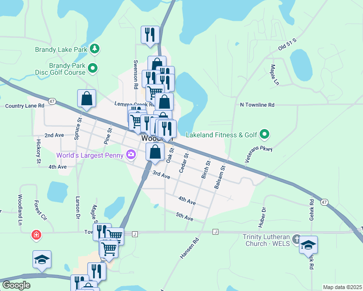 map of restaurants, bars, coffee shops, grocery stores, and more near 523 Cedar Street in Woodruff