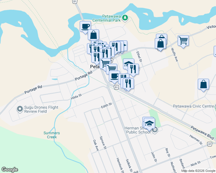 map of restaurants, bars, coffee shops, grocery stores, and more near 0 Doran Road in Petawawa