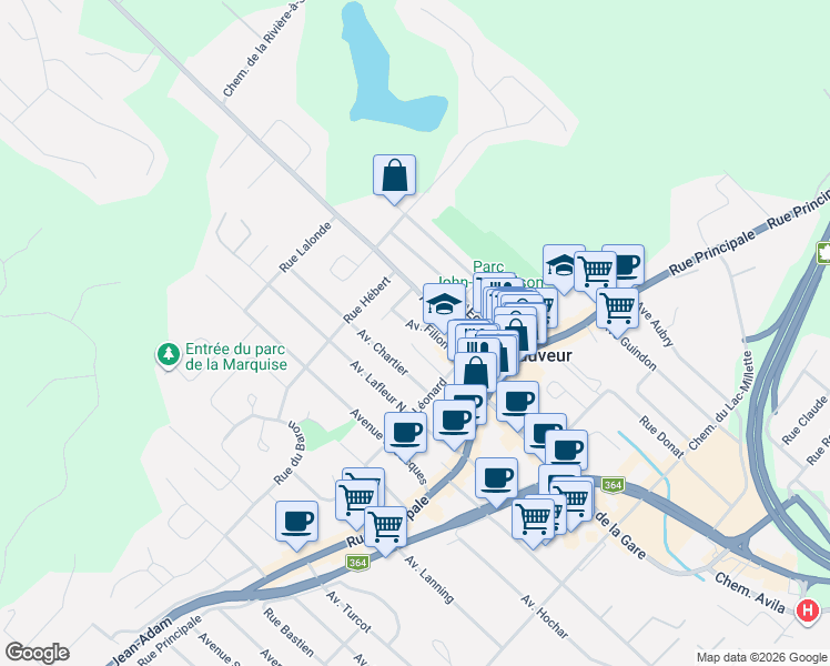 map of restaurants, bars, coffee shops, grocery stores, and more near 62 Avenue Filion in Saint-Sauveur