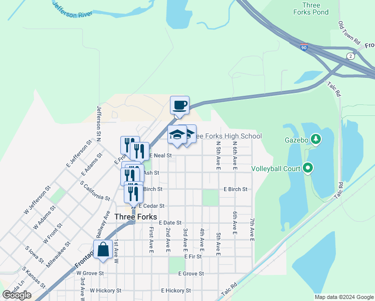 map of restaurants, bars, coffee shops, grocery stores, and more near 212 East Neal Street in Three Forks