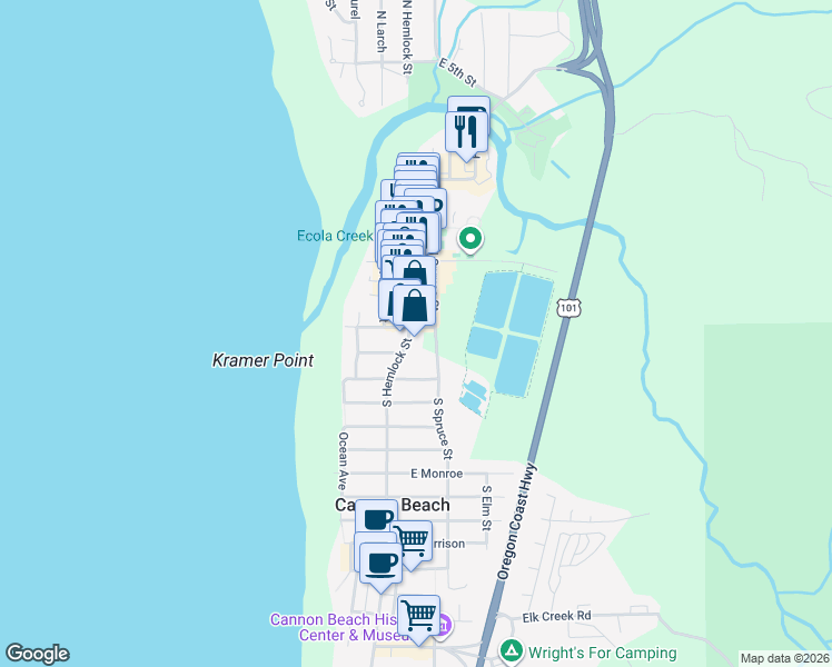 map of restaurants, bars, coffee shops, grocery stores, and more near 123 South Hemlock Street in Cannon Beach