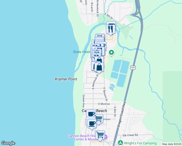 map of restaurants, bars, coffee shops, grocery stores, and more near 163 West 1st Street in Cannon Beach