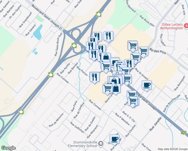 map of restaurants, bars, coffee shops, grocery stores, and more near 1092 Rue Blanchette in Drummondville