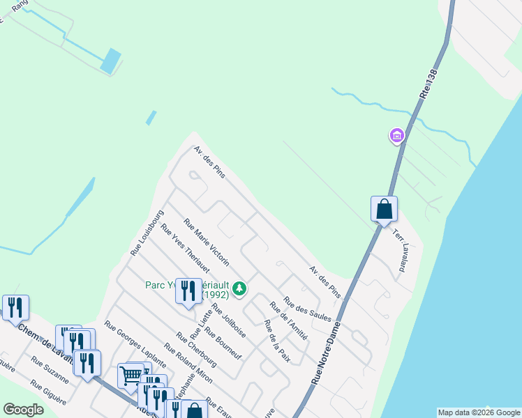 map of restaurants, bars, coffee shops, grocery stores, and more near 154 Avenue des Pins in Lavaltrie