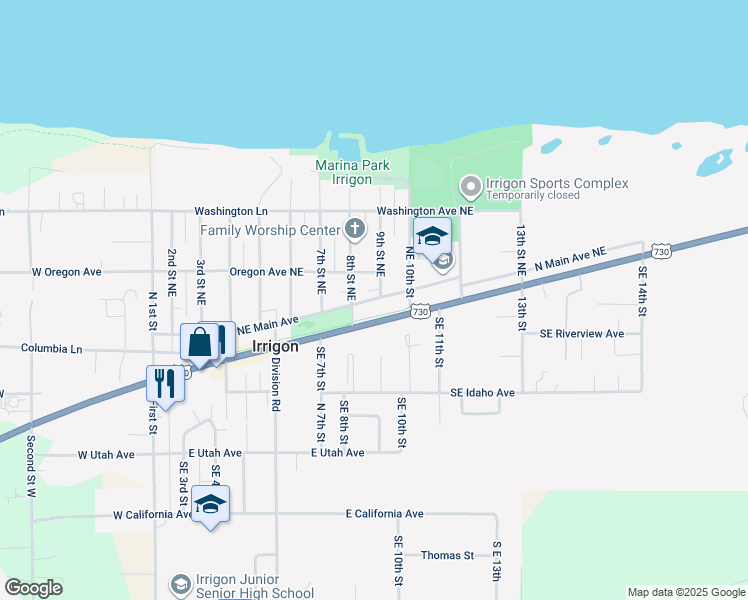 map of restaurants, bars, coffee shops, grocery stores, and more near 1105 North Main Avenue in Irrigon